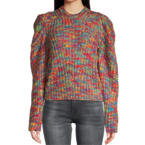 LEA & VIOLA Rainbow Puff Sleeve Sweater Womens L Beautiful Eclectic Winter Style - Picture 2 of 12